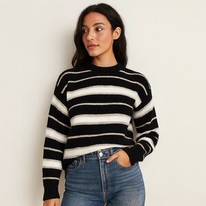 Wool-blend Rib-knit Oversized Sweater Striped In Black & Beige - Large